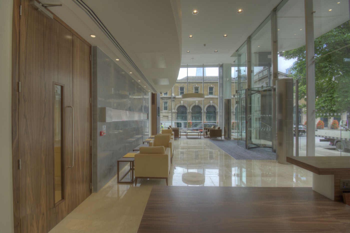 A bright office reception and lobby